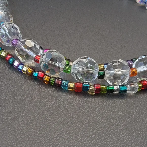 Handmade Multicolor Seed Bead & Clear Crystal Necklace | 3-Strand Beaded Choker - Picture 3 of 5